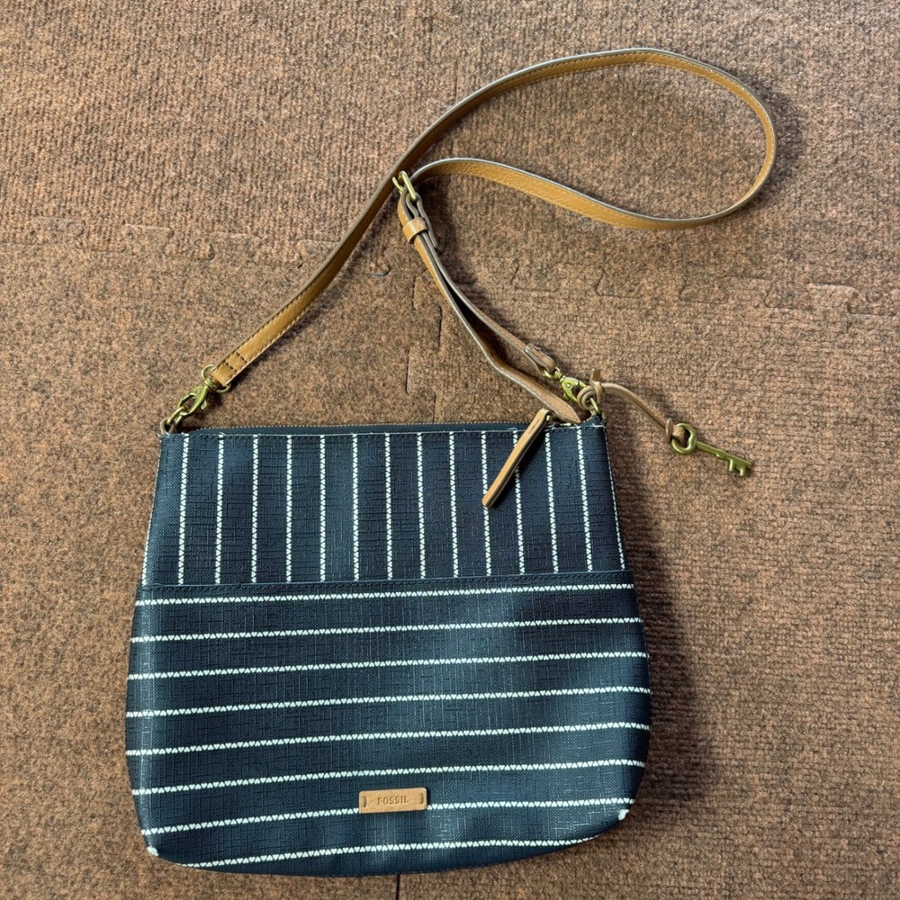 Fossil Navy Blue Heart Stripe Coated Canvas Crossbody Bag with Leather Strap